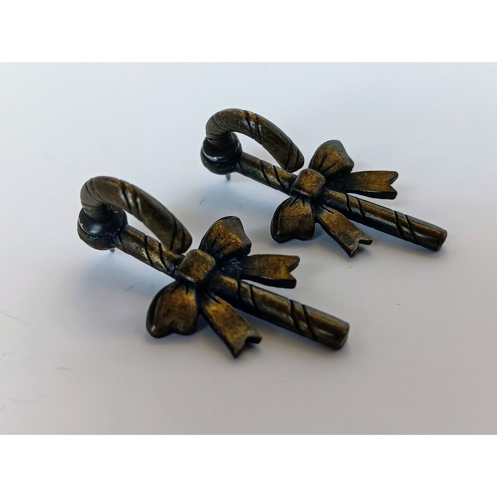Vintage JJ Brass Candy Cane & Bow Pierced Post Earrings 1.5 in